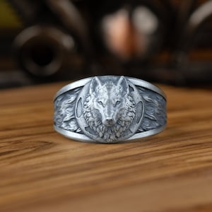 Mond und böse Wolf Silber Männer Ring, keltische Fenrir Wolf Band Ring Schmuck, Tier Liebhaber Geschenk Ring für Männer, Hochzeit Wolf Muster Ringe