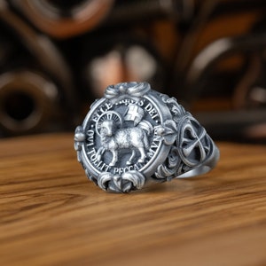 Lamb Of God Agnus Dei Christian Jesus Christ Silver Men Ring, Signet Good Shepherd Pinky Silver Man Ring, Christian Gift, Anniversary Gifts