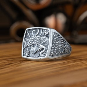 Stork Bird Flower Ornament Men Silver Ring, Traditional Sterling Silver Egret Ring, Signet Ring For Men, Engraved Pinky Ring, Japanese Gifts