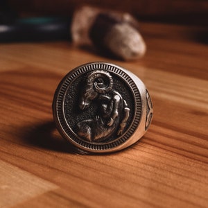 Aries Zodiac Silver Signet Ring, Male Pinky Ring with Intaglio Zodiac Sign Symbol, Astrology Ring For Boyfriend, Horoscope Jewelry For Dad