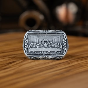 The Last Supper Signet Ring for Men in Sterling Silver , Jesus Christ Leonardo Pattern Silver Ring, Christian Jewelry, Artistic Ring for Men