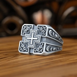 Unique Square Cross Sterling Silver Men Ring, Maltese Cross Floral Signet Ring, Catholic Ring, Maltese Symbol Religious Ring, Gift For Mens