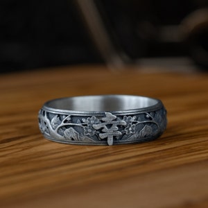 Anillo de banda de palabras de felicidad de arte japonés con patrón floral, anillo de hombres de plata de felicidad de jeroglífico japonés, anillo de hombres clásicos de joyería de mitología