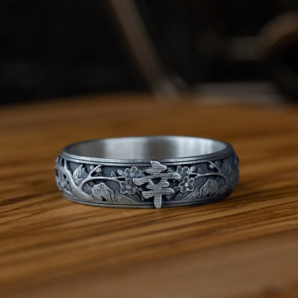 Japanese Art Happiness Word Band Ring With Floral Pattern, Japanese Hieroglyph Happiness Silver Men Ring, Mythology Jewelry Classic Men Ring