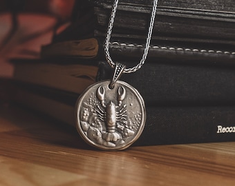 Cancer Zodiac Sign Coin Silver Necklace, Engraved Crab Horoscope Necklace For Men, Oxidized Astrology Pendant in Silver, Cancer Zodiac Gift