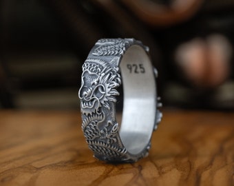Vintage Man Dragon Band Jewelry, Sterling Silver Dragon Band Ring for Men, Birthday Gift, Fantasy Dragon Ring, Mythical Creature Gothic Ring