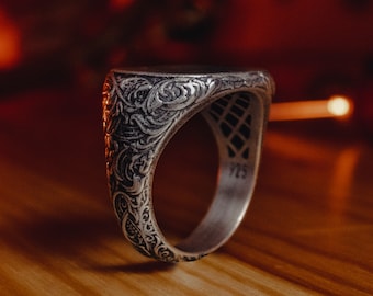 Siegelring mit viktorianischen Motiven, Sterling Silber Siegelring für Männer, filigraner männlicher Ring für Freund, Geschenk für Ehemann