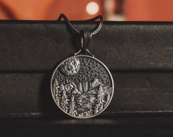 Forest and Mountain Under Full Moon Necklace, Celestial Necklace in Sterling Silver For Men, Oxidized Nature Pendant For Family, Silver Gift