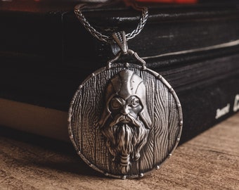 Viking God Odin Warrior Shield Men Necklace, Sacrifice of Odin's Eye Textured Necklace For Nordic, Oxidized Silver Scandinavian Necklace