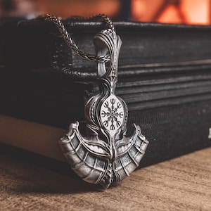 Scandinavian Perun Axe Silver Necklace, Nordic Hatchet Amulet Necklace, Carved Helm Of Awe Necklace For Him, Male Necklace, Nordic Gift