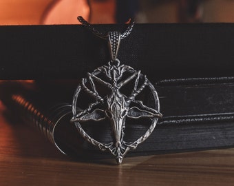 Pentagram heidense schedelketting, zilveren Goth Star heren geoxideerde bedelketting, Wicca pentagram ketting voor hem, satanische geschenkketting