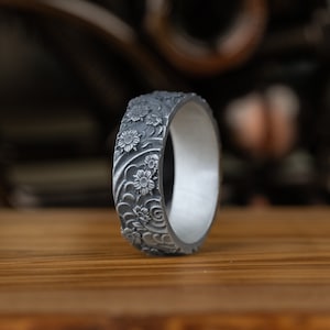 Anillo de hombres de plata de boda ornamental de flores, viento japonés y joyería de banda de boda tradicional de flores, anillo único clásico, regalos de aniversario