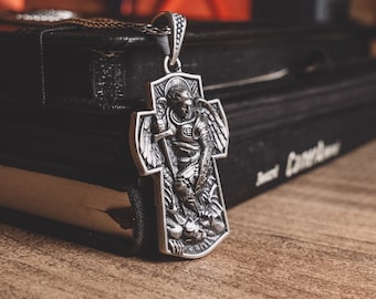 Archangel Michael in Cross Silver Necklace, Engraved St Michael Archangel Necklace For Men, Saint Michael Her Cross Pendant in Silver