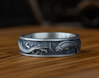 Dragon vs Koi Carp Fish Men Ring in Silver, Japanese Traditional Pattern Men Ring, Dragon Koi Fish Men Bands, Mythology Band Gift Jewelry