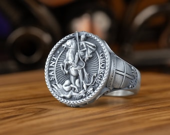 Anillos de plata para hombres de San Jorge y el dragón con sello, anillos para hombres de forma redonda Pinky Christian St George, regalo para novio, regalos de aniversario