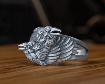 Scandinavian Hugin And Munin Silver Men Ring, Crows Sterling Silver Ring, Engraved Men Ring, Anniversary Gifts, Promise Ring, Statement Ring