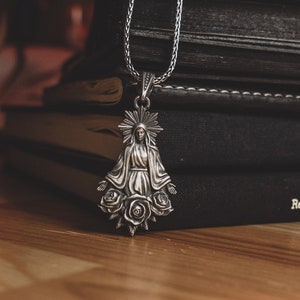 Mother Mary in Rose Floral Necklace, Virgin Mary with Flowers Christian Necklace, Silver Faith Necklace For Wife, Religious Necklace