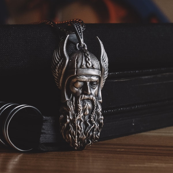 Odin Old God Necklace in Sterling Silver For Men, Norse Mythology Pagan Necklace For Her, Bookworm Pendant For Dad, Scandinavian Necklace