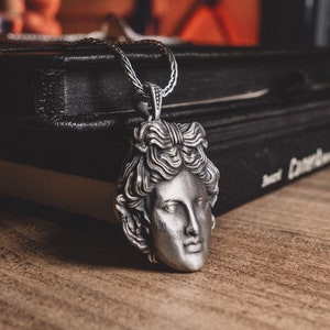 Silver Apollo Men Necklace God Of Prophecy, Oxidized Ancient Necklace in Silver, Greek Mythology Jewelry, Bookworm Necklace For Boyfriend