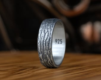 Tree Bark Men's Silver Wedding Ring in Oxidized finish, Textured Promise Ring For Men, Unique Silver Nature Wedding Band, Dad Birthday Gift