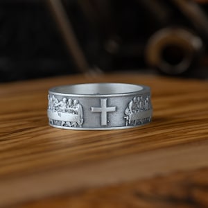 Sterling Silber Letzte Abendmahl Kreuz Männer Bandring Handamde Kreuz Ehering Cristian Ring Stapelbar Cristian Ring, religiöser Schmuck