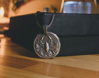 Scorpio Astrology Necklace in Silver, Engraved Scorpion Horoscope Necklace For Men, Zodiac Sign Coin Pendant For Husband, Scorpio Charm Gift