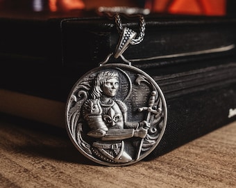 Munthanger heilige Jeanne d'Arc, middeleeuwse Franse ketting voor echtgenoot, zilveren geoxideerde katholieke ketting, Franse fleur de lis-ketting