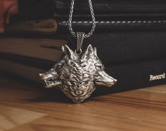 Silver Opposite Emotions of Wolf Men Necklace, Twin Wolf Head Necklace For Son, Unusual Animal Pendant For Nordic, Artistic Necklace For Men