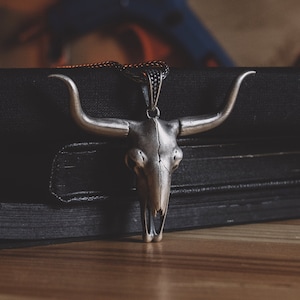 Wild Life Bull Skull Silver Men Necklace, Western Cowboy Necklace For Family, Punk Men Necklace, Oxidized Goth Necklace in Sterling Silver