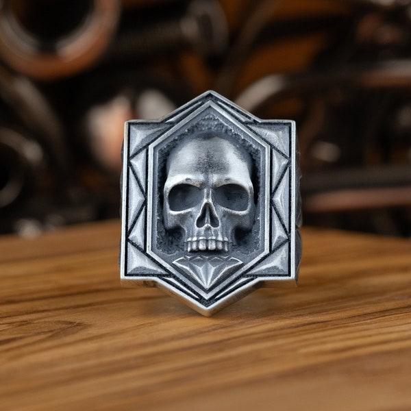 thumbnail image 2 of TIONEER Men's 316L Stainless Steel Biker Signet Ring – Silver / Gun Metal / Black Shield – Free Engraving – Sizes 8-13 2 of 3