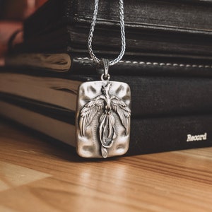 Phoenix Flying Bird Sterling Silver Men Necklace, Oxidized Fantasy Necklace For Her, Engraved Necklace For Men, Artistic Mythology Necklace