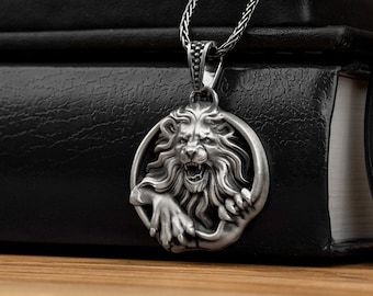 Lion Furious Angry  Silver Men Pendant Necklace, African Wild Lion Charming Necklace, Zodiac Leo Gift Jewelry, Anniversary Gift, Zodiac Gift