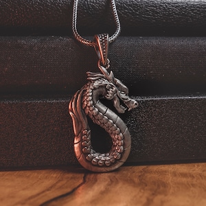 Japanese 3D Dragon Silver Pendant, Chinese New Year Fantasy Necklace, Oxidized Mythology Necklace For Mens, Cool Necklace, Christmas Gift