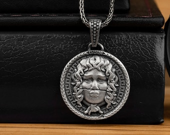 Skull Biker Medusa Silver Men Necklace, Gorgon Pattern Sterling Silver Medusa Pendant, Art Deco Biker Medusa Pendant, Mythology Jewelry Gift