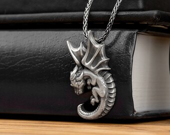 Baby Dragon Unique Silver Necklace, Silver Cute Mythology Jewelry, Cute Winged Baby Dragon Gift Pendant, Dragon Necklace For Girlfriend Gift