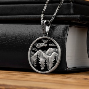 Black Mountain Silver Men Pendant Necklace, Mountain Silver Necklace Jewelry, Cloud & Moon Necklace, Mothers Day Gifts, Husband Gift Pendant