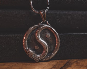 Ying Yang and Dragon Unusual Necklace For Men, Oxidized Chinese Mythology Medallion Pendant, Cool Male Ring For Boyfriend, Fantasy Necklace