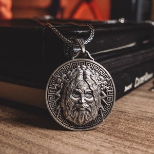 Zeus The God Of Sky and Thunder Necklace, Meander Motifs Carved Mythologic Greek Necklace, Ancient Greek God Mens Pendant in Silver