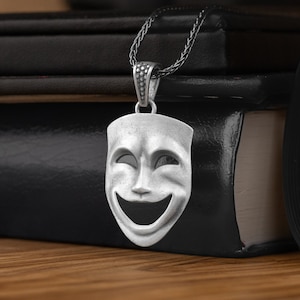 Comedy Mask Necklace, Sterling Silver Drama Mask Charm Pendant, Happy Face Mask Necklace, Gift For Girlfriend, Theater Mask Pendant For Men