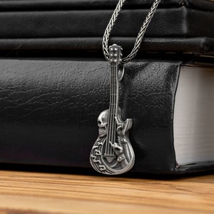 Unique Guitar With Guitarist Silver Men Necklace, Rock N Roll Guitar Pendant, Bass Guitar Necklace Skull Bass Guitar, Gift Electric Guitar