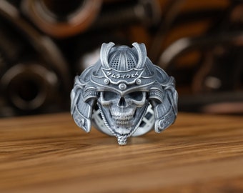 Space Samurai Pinky Silver Men Japanese Ring, Japanese Art Biomechanical Samurai Men Silver Rings, Japanese Myth Jewelry Gift Rings