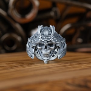 Space Samurai Pinky Silver Men Japanese Ring, Japanese Art Biomechanical Samurai Men Silver Rings, Japanese Myth Jewelry Gift Rings