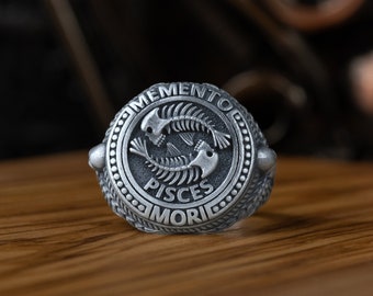 Handmade Pisces Memento Mori Men Signet Ring, Fish Skeleton Ring For Best Friend, Zodiac Signet Oxidized Silver Ring, Gothic Gift Men Ring