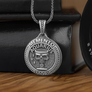 Aquarius Memento Mori Coin Silver Men Necklace, Skull Zodiac Aquarius Necklace For Her, Goth Astrology Gift Necklace, Punk Horoscope Pendant