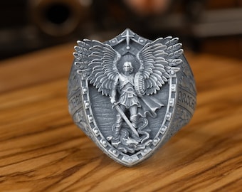 Chevalière homme archange Michael ailes de dragon, bague extraordinaire Saint Michel pour homme, bague chrétienne Saint Michel, bague foi en argent sterling