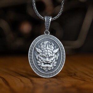 Chinese Guardian Lion Foo Dog Silver Men Personalized Necklace Pendant, Men Silver Myth Jewelry, Protection Talisman Amulet Women Necklace