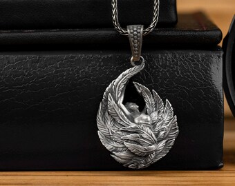 Feather Girl With Wings Silver Necklace, Religious Silver Gift Jewelry For Mother Day, 925 Silver Men Necklace, Silver Birthday Gift Pendant