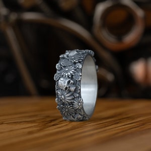 Japanese Art Men Silver Band Rings, Skull Flower Autumn Traditional Ornament Men Band Ring, Fashion Unique Ring, Skull Flower Ring for Men
