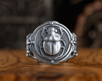 Scarab signet ring made of sterling silver for men, Ancient Egyptian mythology scarab beetle ring to dad for lucky gift, Anniversary gift