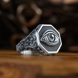 All Seeing Eye men ring in silver for husband, Eye of Providence Occult Illuminati Ring, Geometric Freemason Ring to Family, Engagement gift